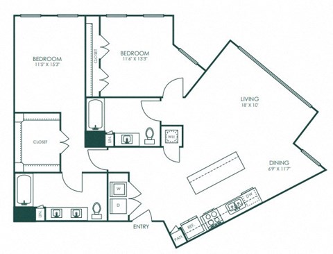 Floor plan for 2 beds, 2 baths, 1285 sqft